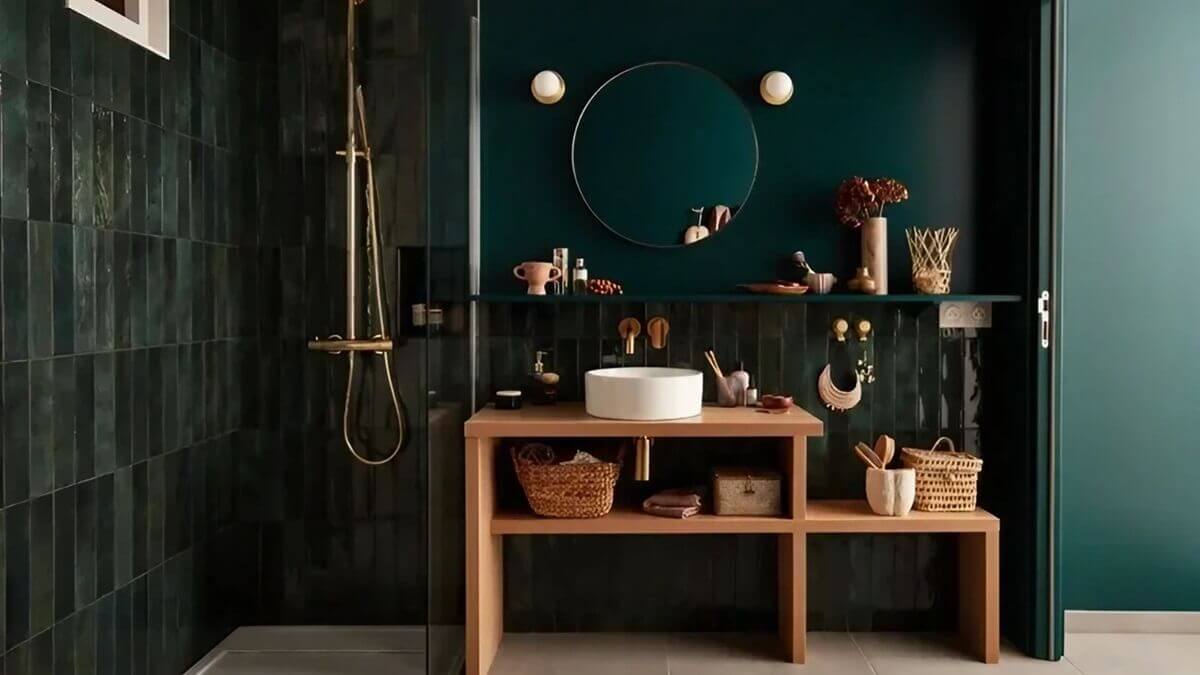 Salle de bain rénovée avec douche vitrée, zellige vert et meuble vasque en bois