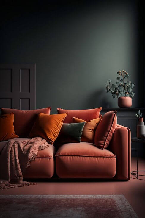 Canapé terracotta et coussins colorés dans un salon aux murs sombres