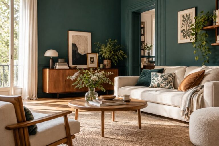 Salon chaleureux aux murs vert profond, avec un canapé beige, du mobilier en bois et une décoration naturelle.