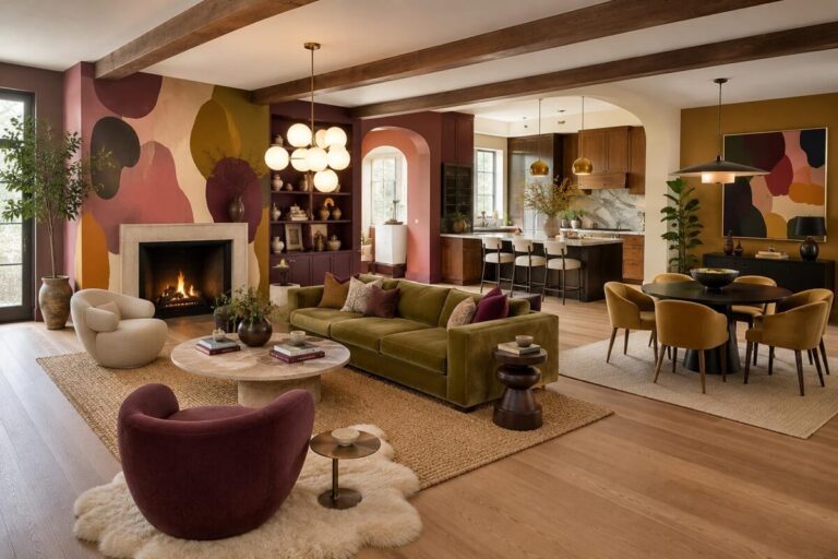 Salon contemporain coloré avec canapé kaki et mobilier disposé pour structurer l'espace